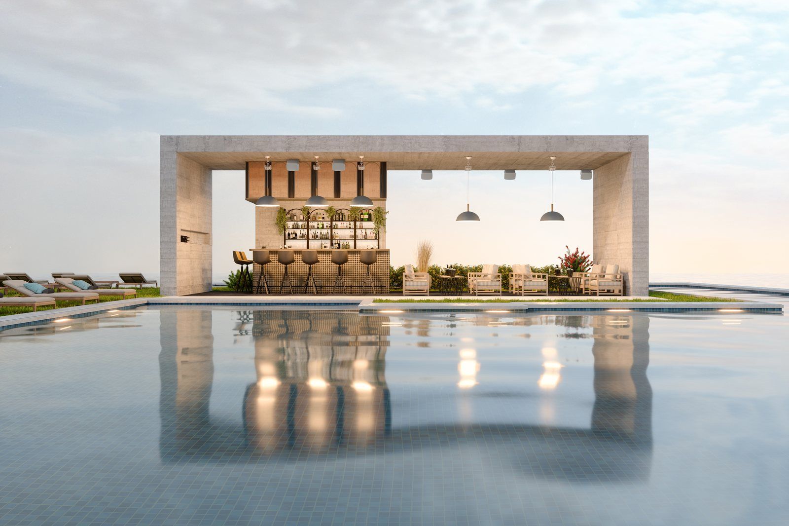 Bar de piscine d'hôtel au crépuscule, fauteuils et tabourets face au bassin