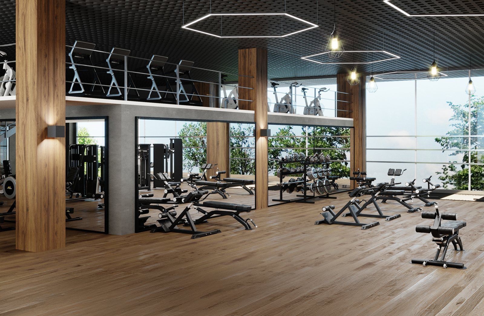Salle de sport lumineuse avec appareils de musculation, parquet et grandes baies vitrées