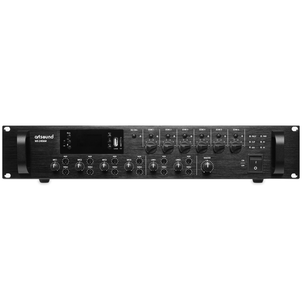 Amplificateur Mélangeur avec Source Intégrée ArtSound MX-2406M,  6 zones, 100V, 19", 240W