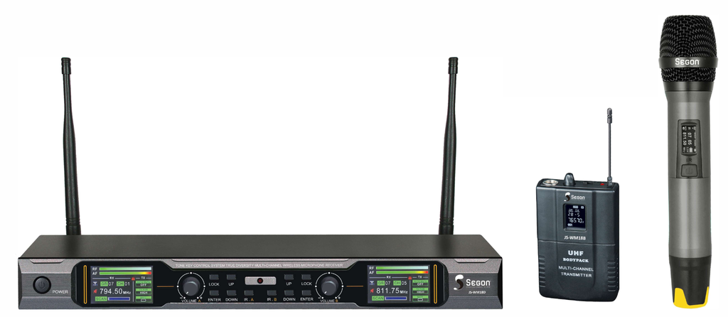 Ensemble UHF double,  micro main + boitier émetteur, sync. IR 660-690 JS-WM18D/MIC/BP SEGON